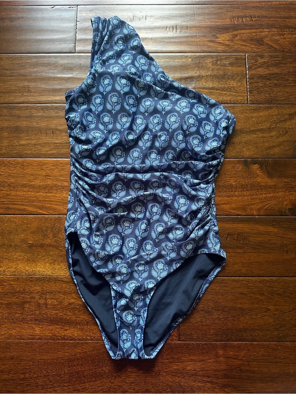 J. Crew Navy Blue Patterned One-Shoulder Swimsuit